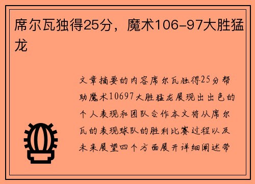 席尔瓦独得25分，魔术106-97大胜猛龙